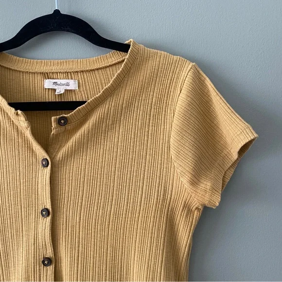 Madewell Pointelle Button-Front Slim Tee, Gold Color with Brown Buttons, Size S - Picture 3 of 11